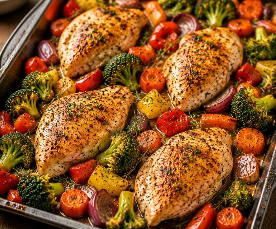 Easy baked chicken with colorful vegetables on a plate ready to serve.