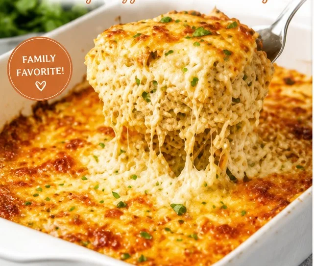 Delicious easy chicken enchilada casserole topped with cheese and cilantro