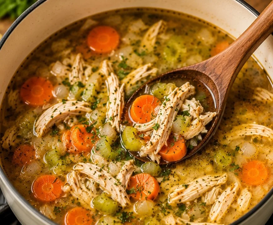 A bowl of easy homemade chicken soup garnished with herbs.