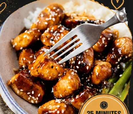 Healthy easy sesame chicken dish served with vegetables and rice