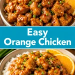 Delicious homemade easy orange chicken served with rice and vegetables