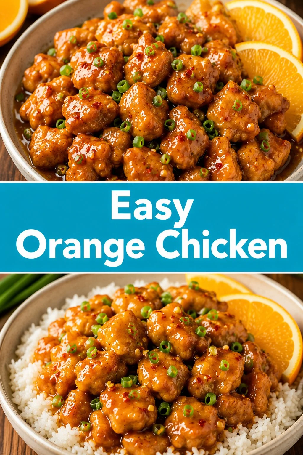 Delicious homemade easy orange chicken served with rice and vegetables