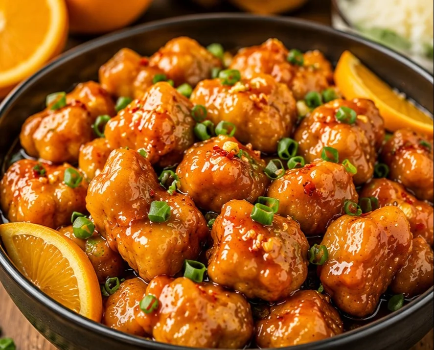Delicious homemade orange chicken served with rice and vegetables