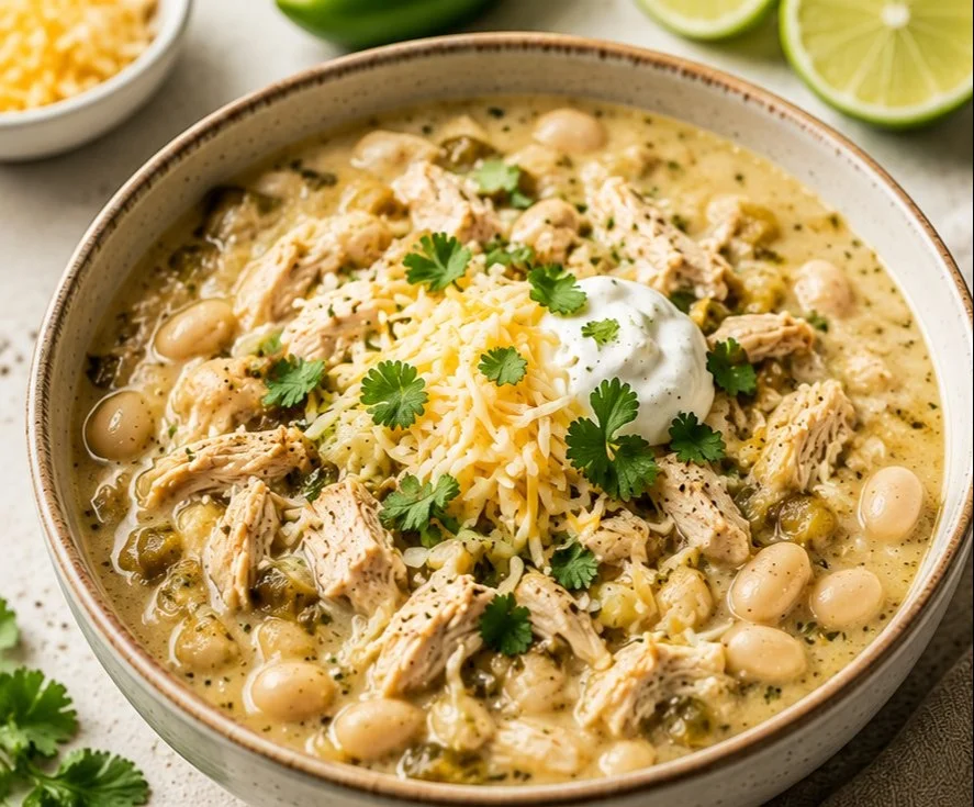 A bowl of easy white chicken chili topped with cilantro and served with tortilla chips.