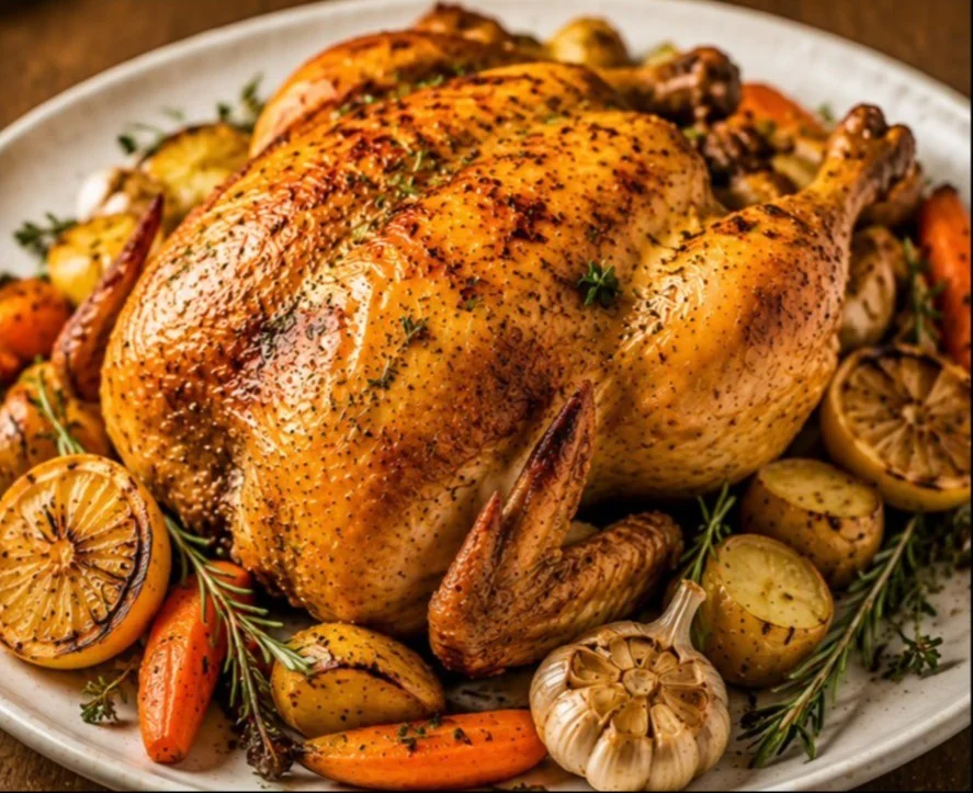 Easy whole roasted chicken cooked to perfection with herbs and spices