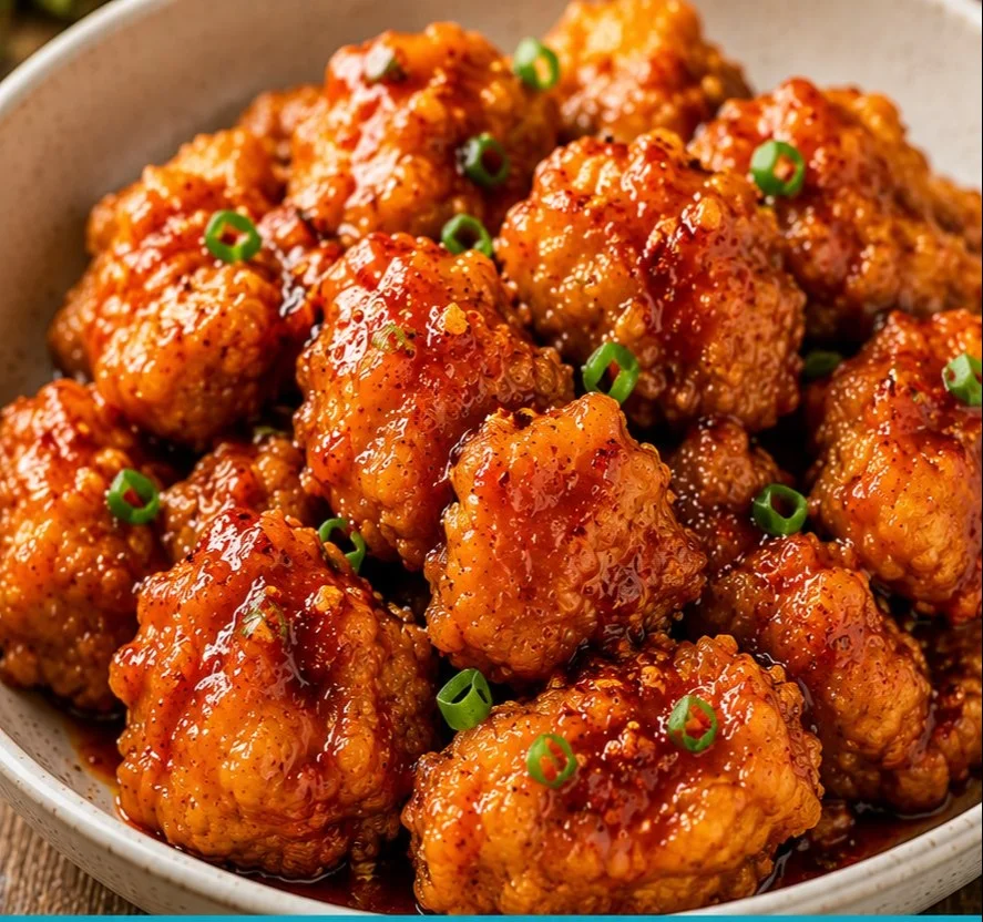 Plate of spicy Firecracker Chicken garnished with green onions.