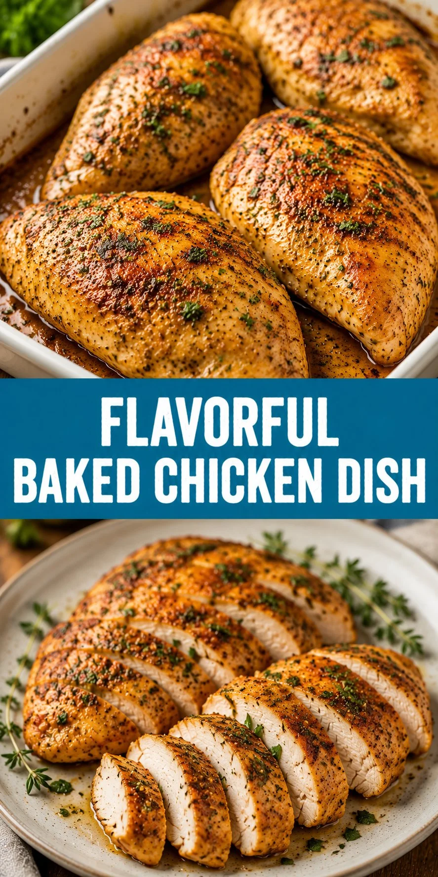 Flavorful baked chicken dish served with herbs and spices on a plate