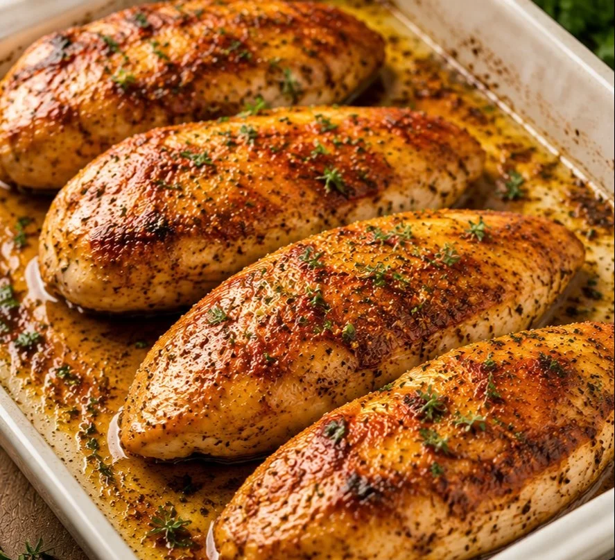 Flavorful baked chicken served with herbs and spices for a delicious meal