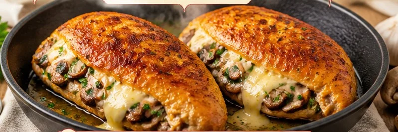 Delicious mushroom stuffed chicken breast plated with herbs.