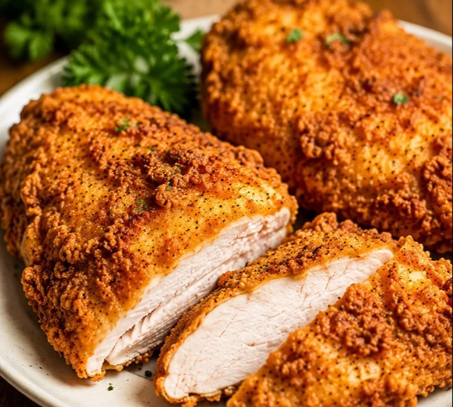 Golden brown fried chicken breast served on a plate with a side of dipping sauce