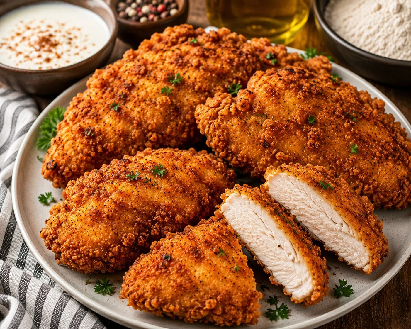 Delicious fried chicken breast served with sides on a wooden table