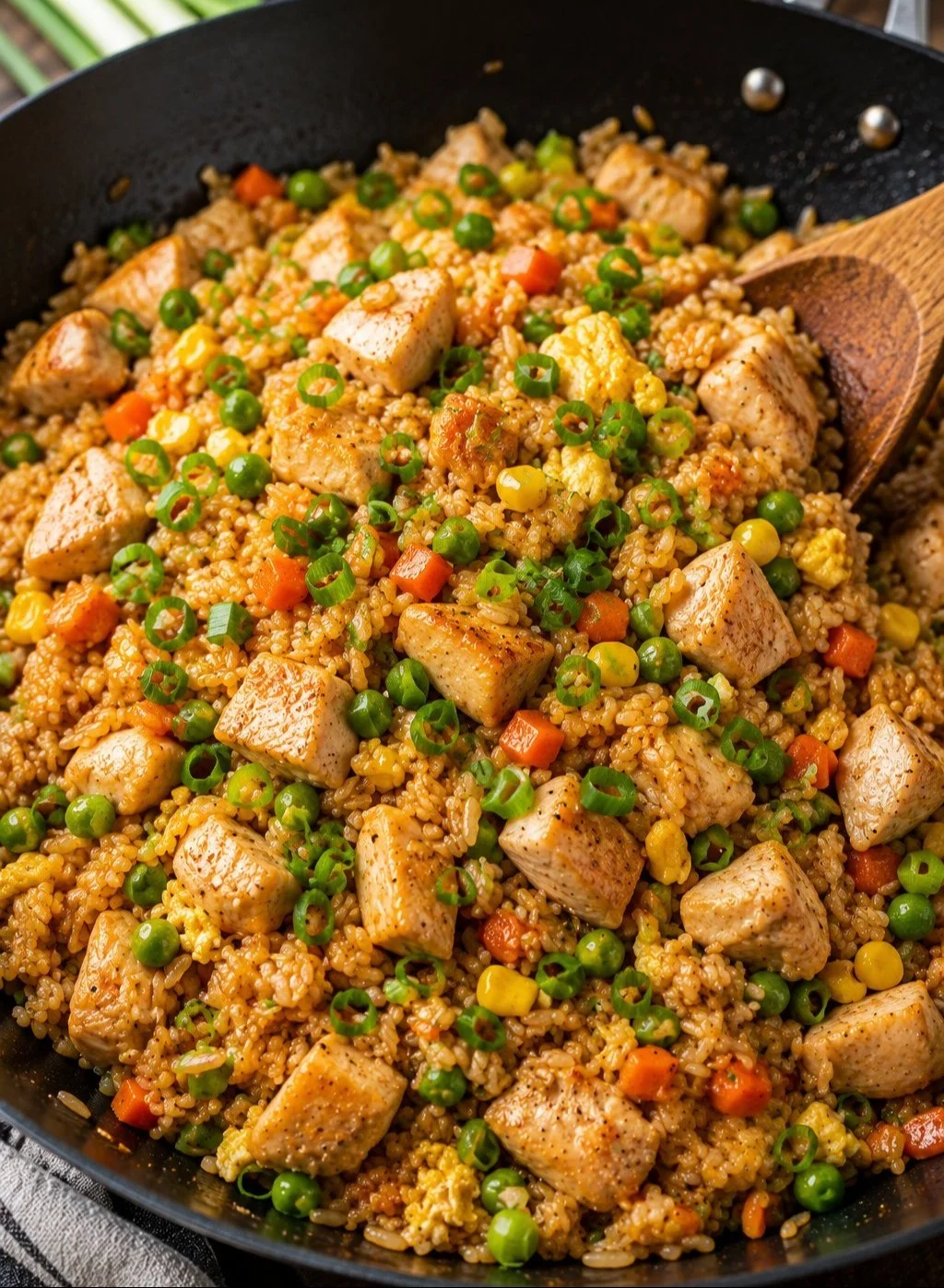 Plate of fried rice with chicken garnished with green onions