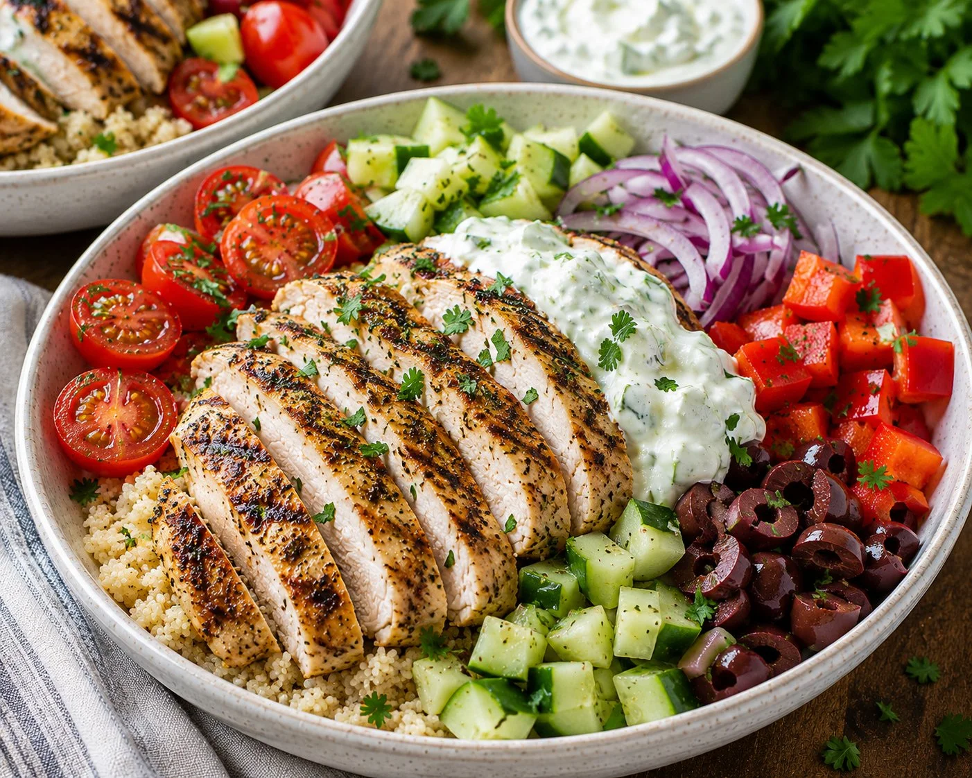 Greek chicken bowls with fresh vegetables and Mediterranean flavors