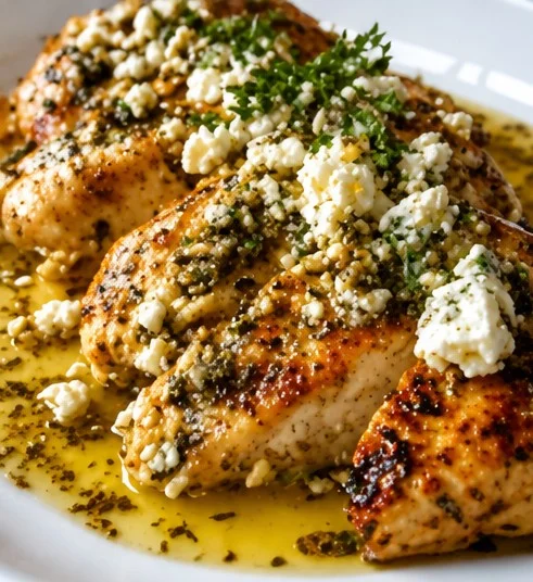 Plate of Greek Chicken with Lemon and Feta garnished with herbs