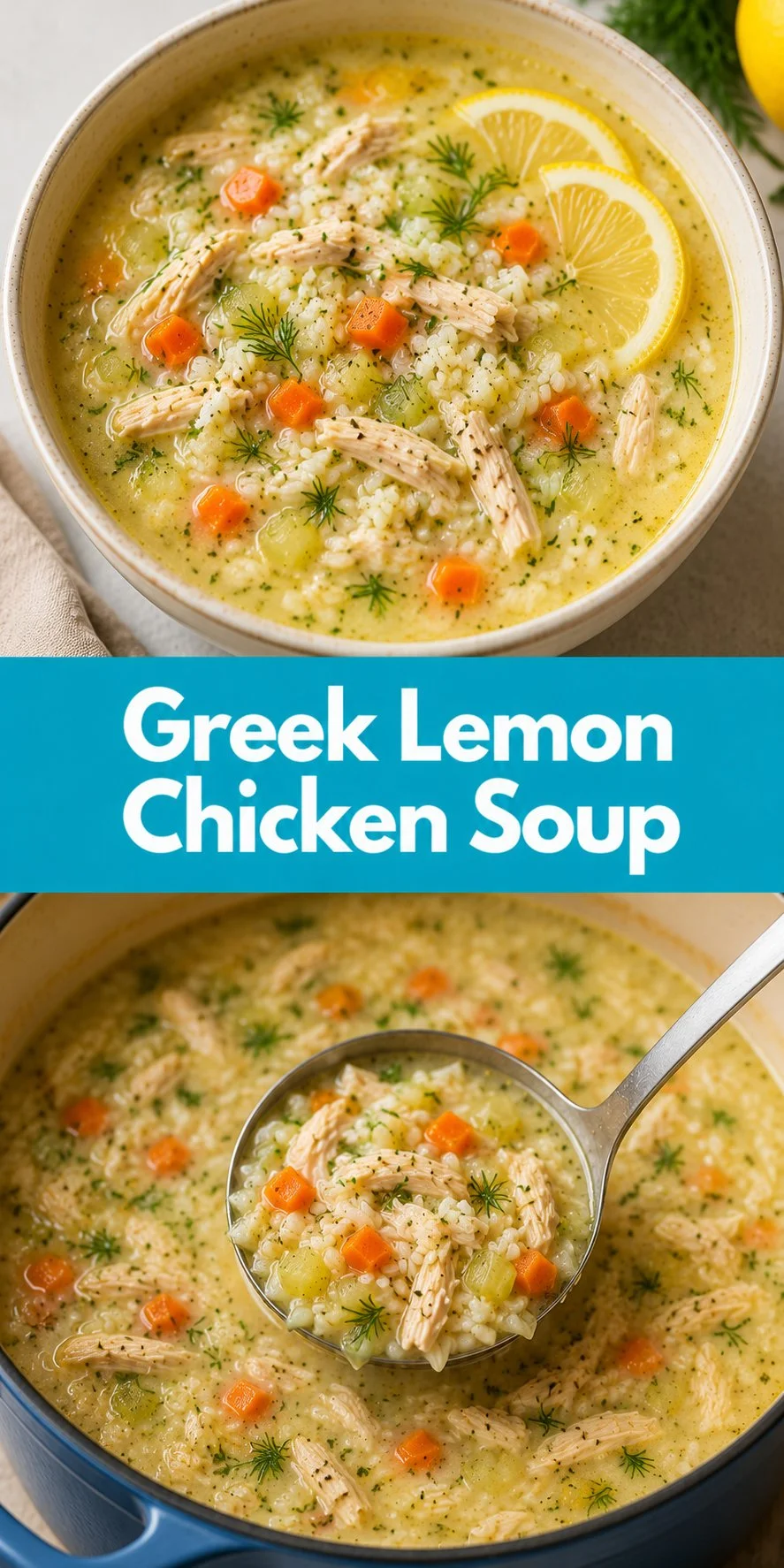 Bowl of Greek lemon chicken soup garnished with fresh herbs and lemon slices