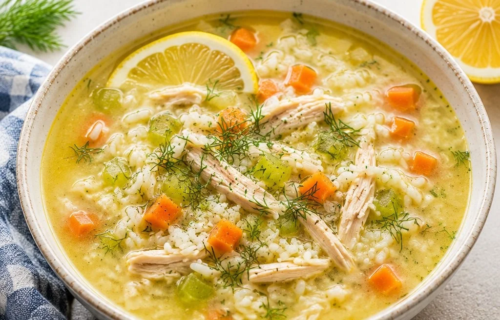 Bowl of Greek Lemon Chicken Soup with fresh herbs and lemon slices