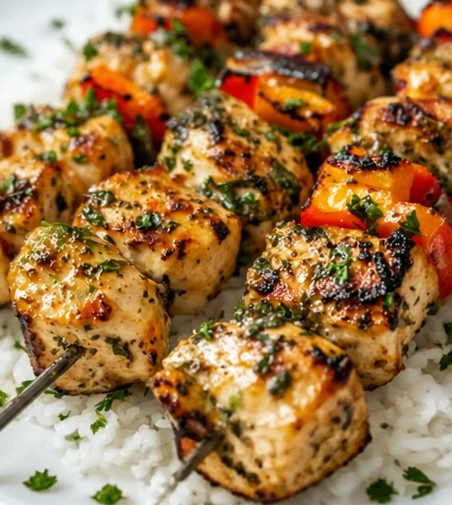 Grilled Greek marinated chicken kabobs served with fresh vegetables and tzatziki.