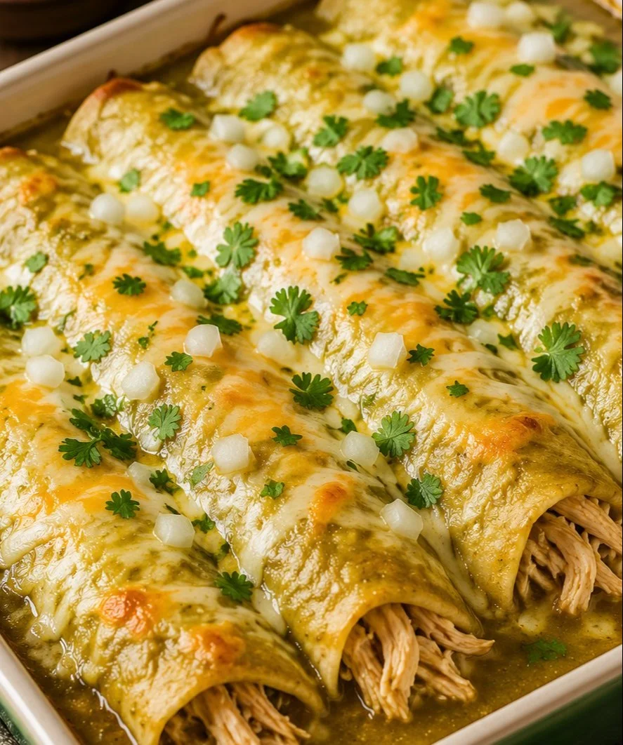 Delicious green chicken enchiladas topped with sauce and cheese