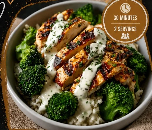 Grilled chicken broccoli bowls with creamy garlic sauce served in a bowl