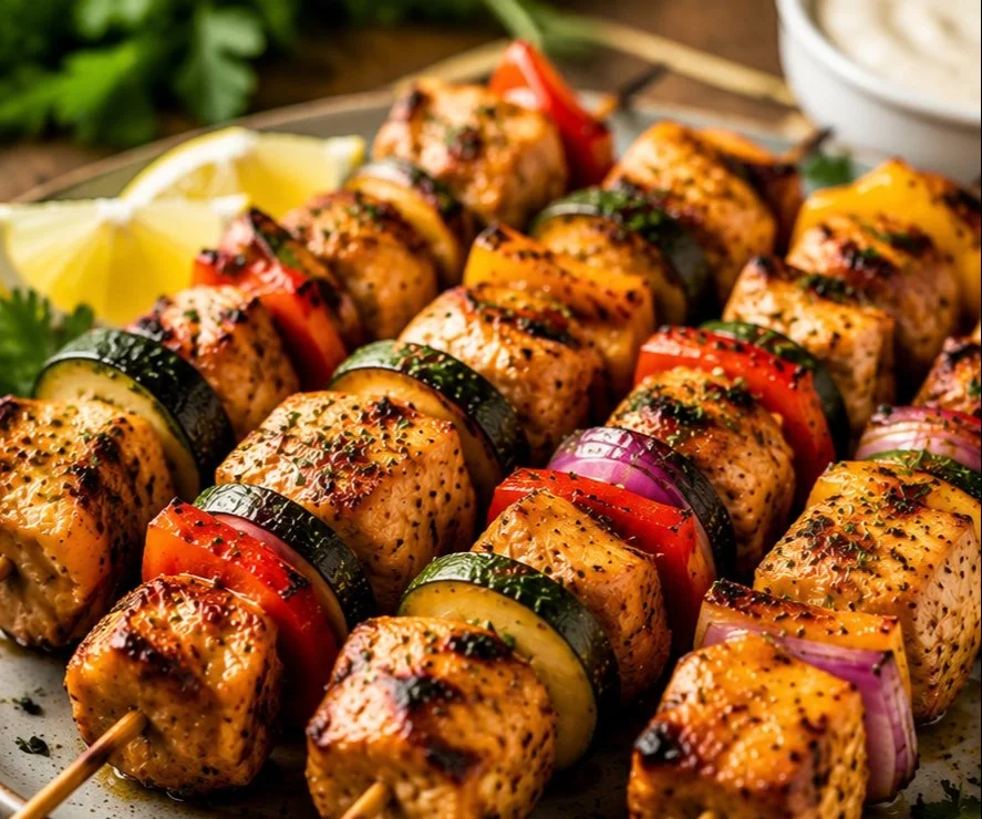 Delicious grilled chicken skewers served with fresh vegetables