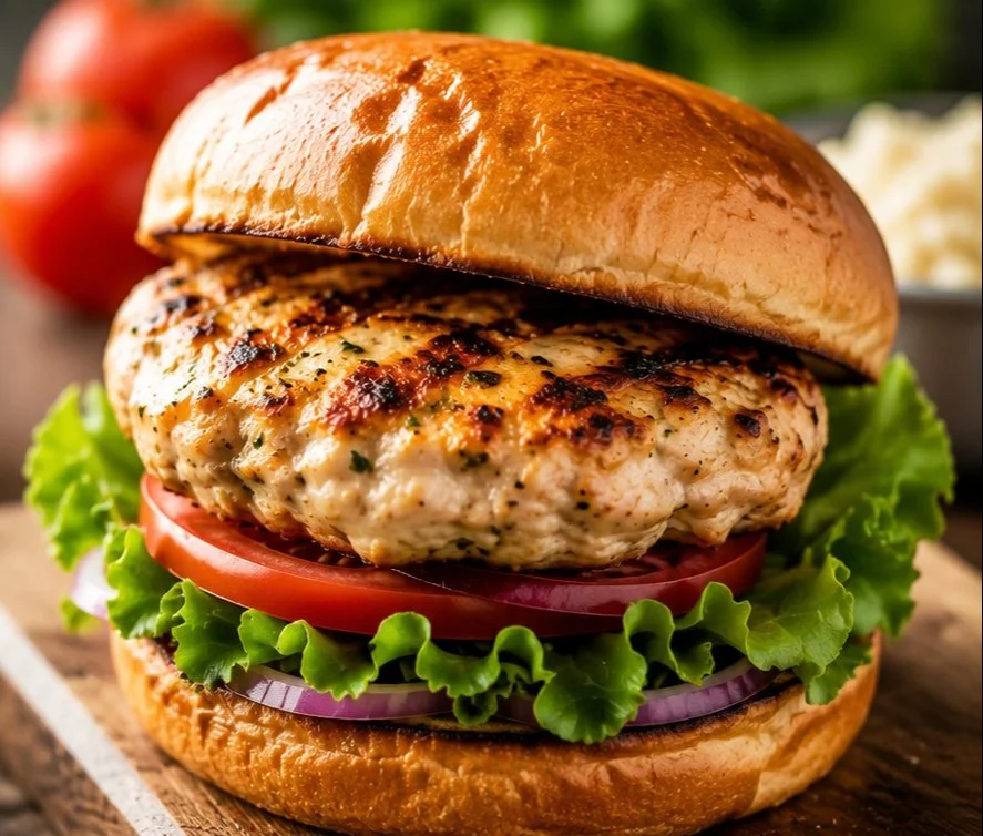 Juicy ground chicken burger served with fresh toppings and a side of fries.