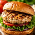 Delicious ground chicken burgers served with fresh toppings