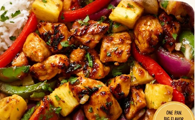 Hawaiian chicken sheet pan dinner with colorful vegetables
