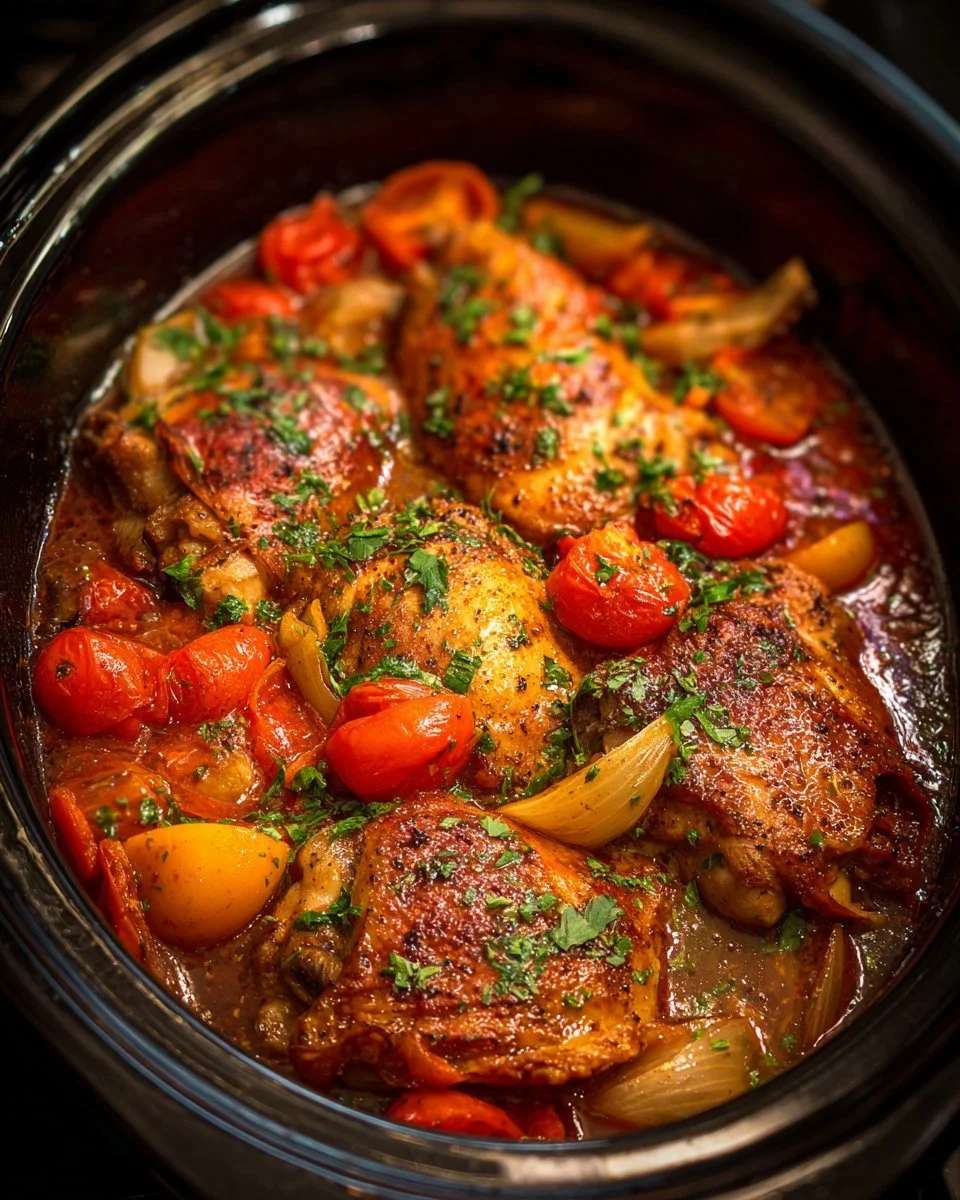 Healthy chicken crockpot meal preparation with fresh ingredients.
