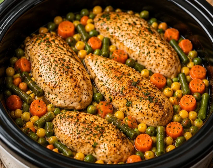 Healthy chicken crockpot meal prepared with fresh ingredients in a slow cooker.