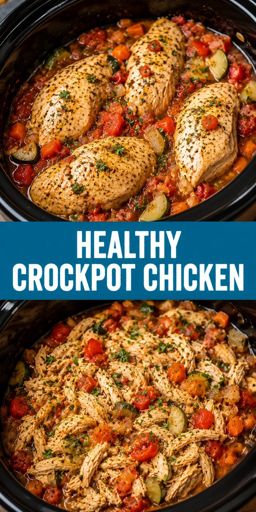 Healthy crockpot chicken cooked with fresh ingredients and spices.