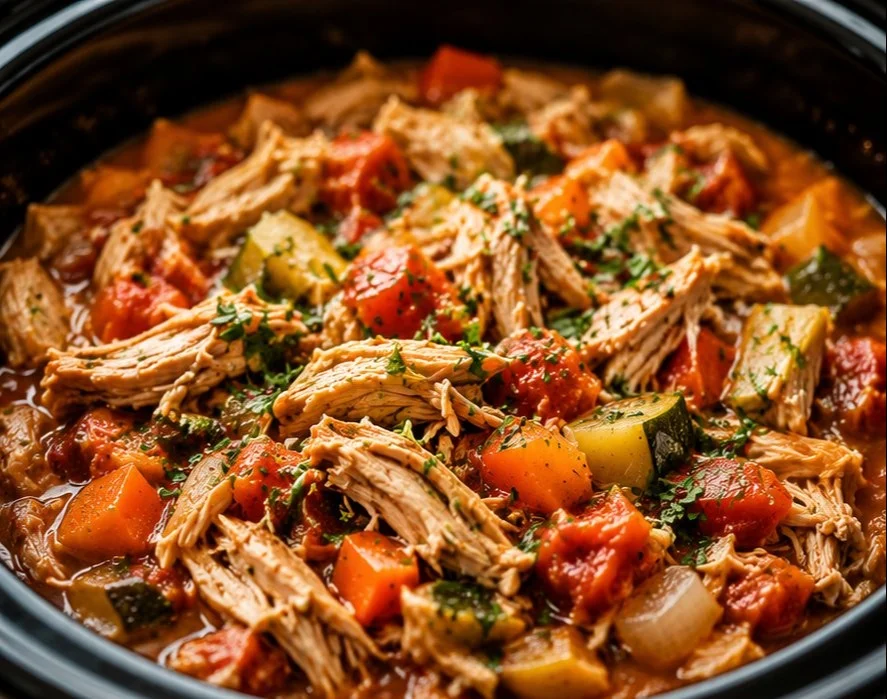 Healthy crockpot chicken served with vegetables in a bowl