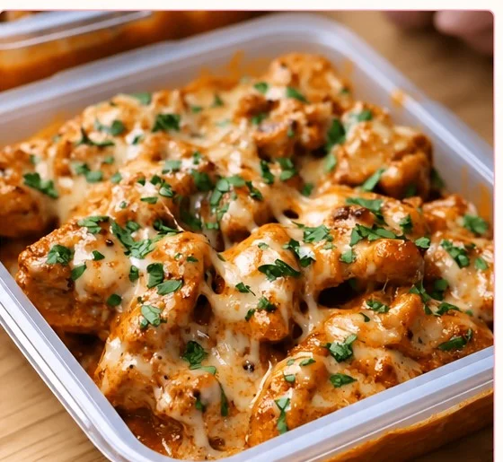 Plate of creamy garlic cheesy chicken with herbs and cheese on a rustic table