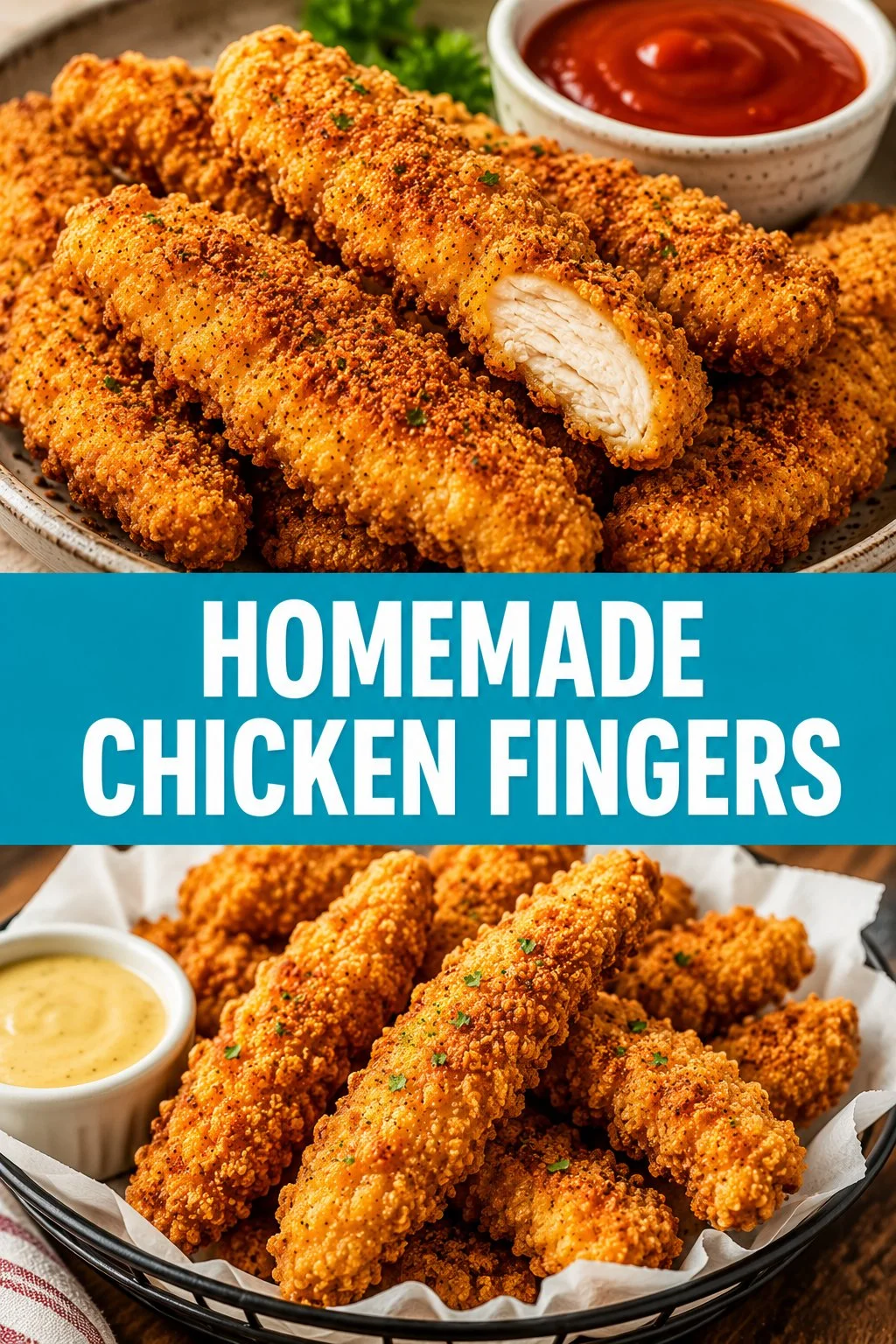 Homemade chicken fingers served with dipping sauce on a plate