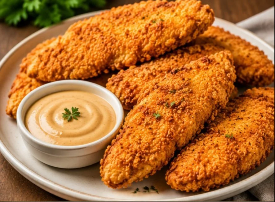 Homemade chicken tenders served with dipping sauce on a plate