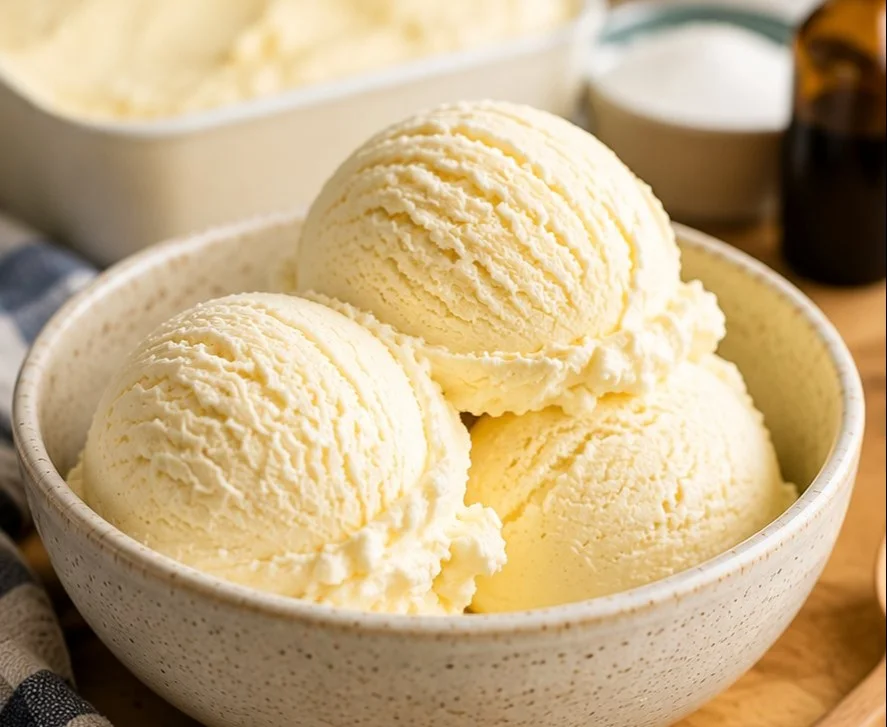 Bowl of creamy homemade ice cream with fresh toppings