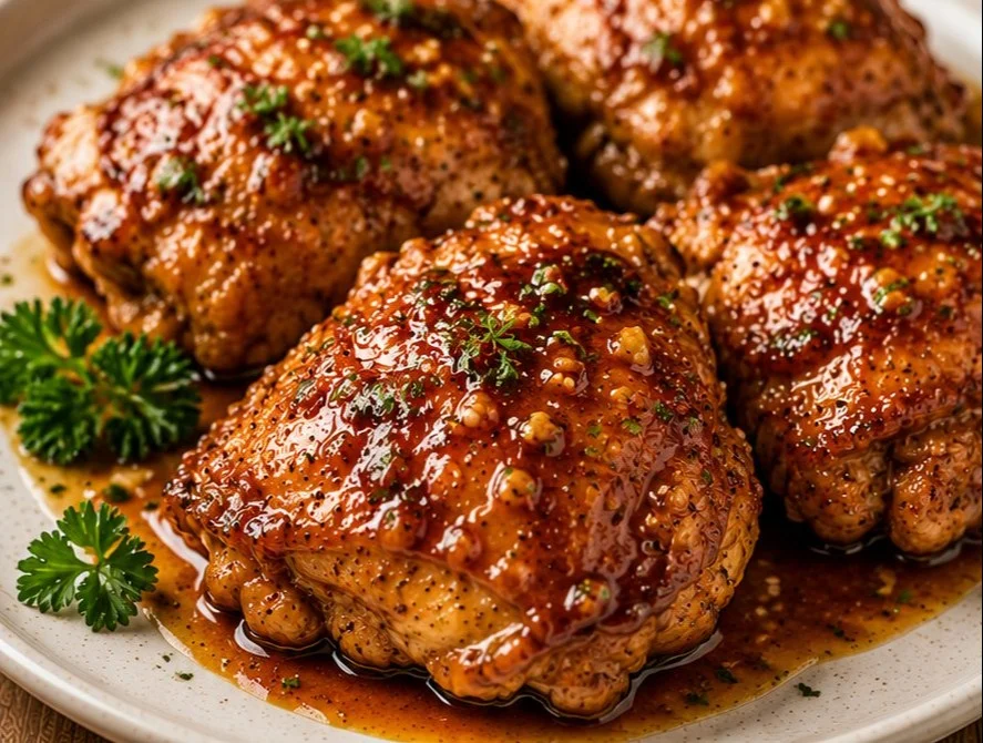 Honey Garlic Chicken Thighs garnished and served on a plate