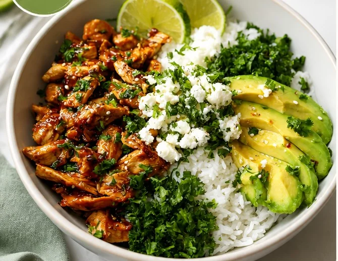 Honey Lime Chicken served in a bowl with avocado rice