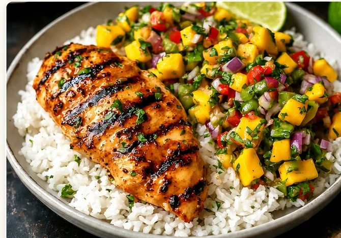 Honey Lime Chicken with Mango Salsa served on a plate