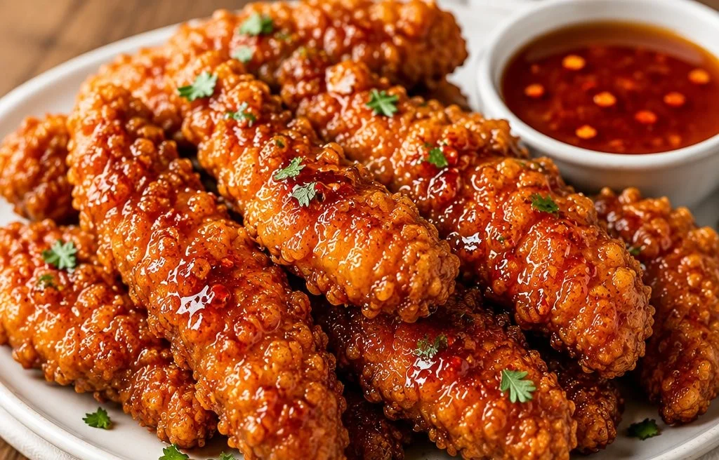 Crispy Hot Honey Chicken Tenders drizzled with spicy honey glaze.