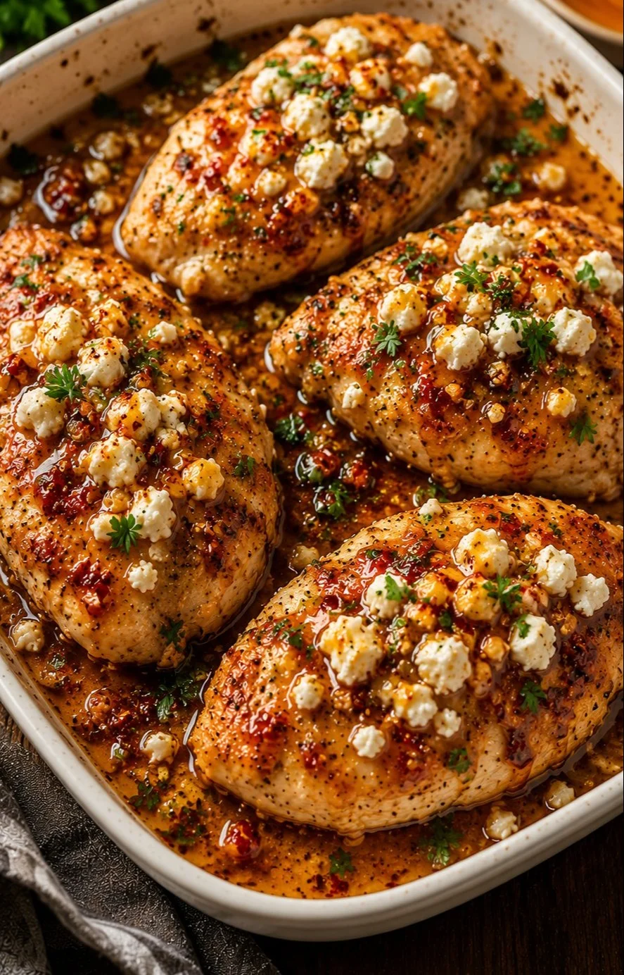 Delicious hot honey feta chicken served on a plate with garnishes