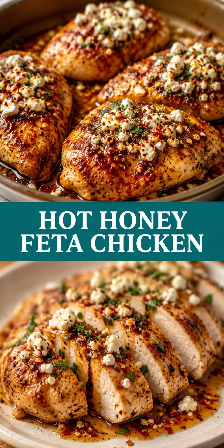 Plate of hot honey feta chicken garnished with herbs and served with sides.