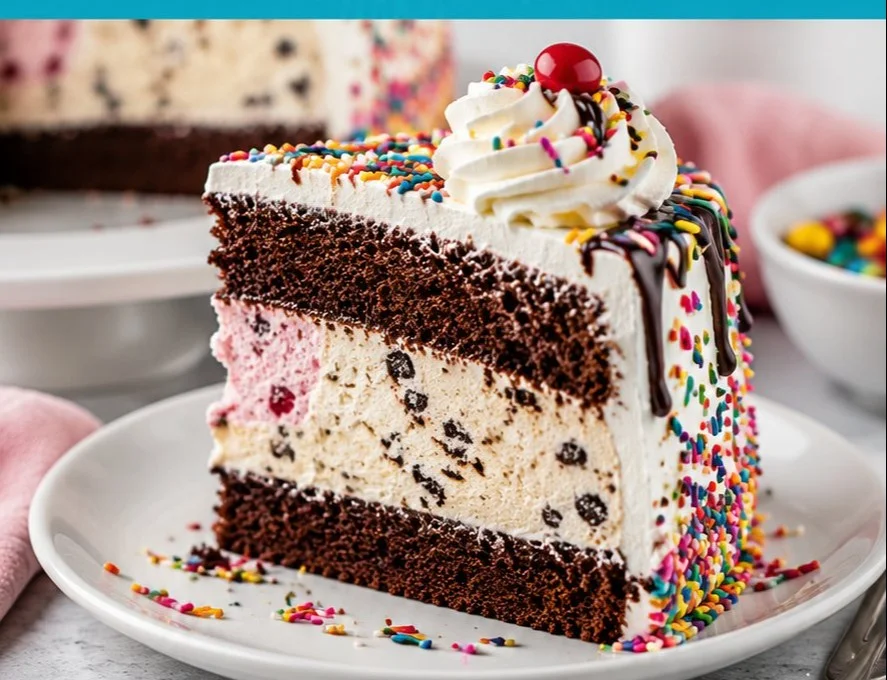 Delicious ice cream cake with layers of cream and colorful toppings.