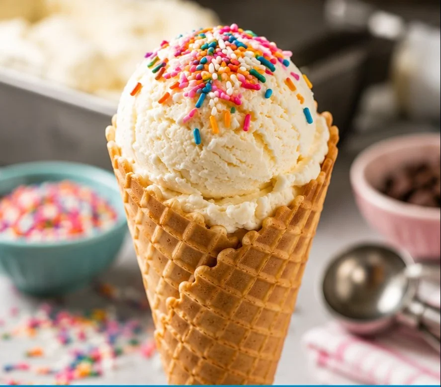 Delicious ice cream cone with colorful sprinkles on top