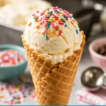 Delicious ice cream cone topped with colorful sprinkles and chocolate syrup