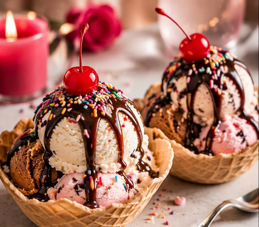 Couple enjoying ice cream on a romantic date, smiling and tasting flavors together.