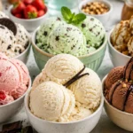 Variety of delicious ice cream flavors in colorful bowls