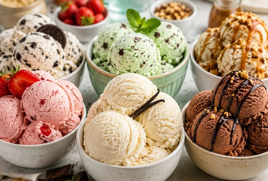 Variety of delicious ice cream flavors in colorful bowls