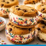 Delicious ice cream sandwich with chocolate cookies and creamy vanilla ice cream