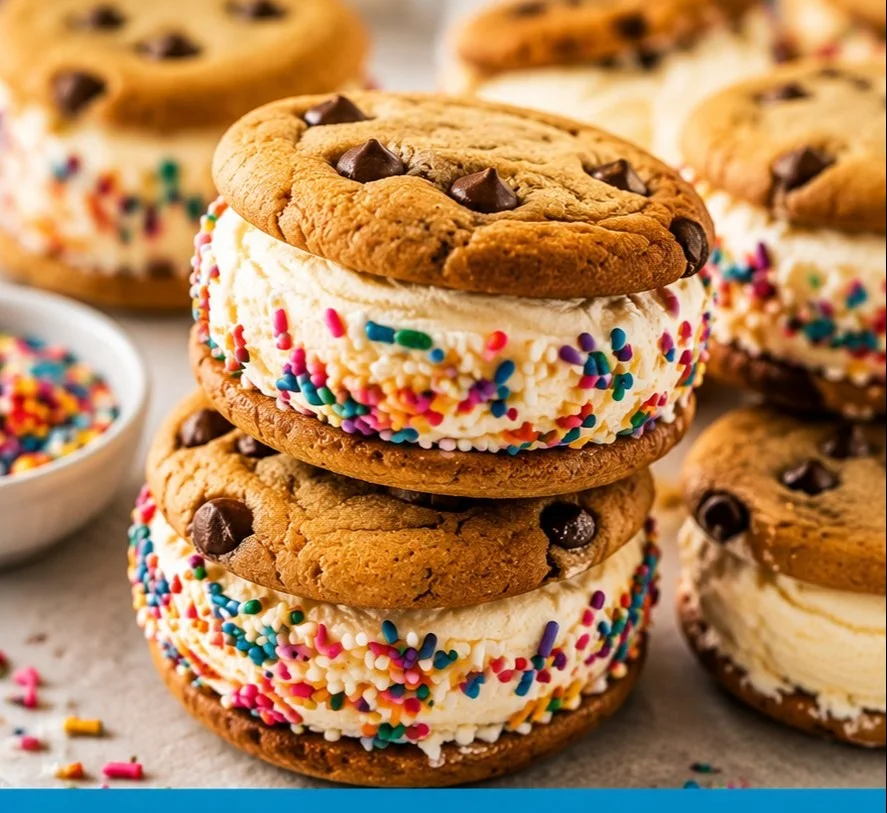 Delicious ice cream sandwich with creamy filling between two cookies