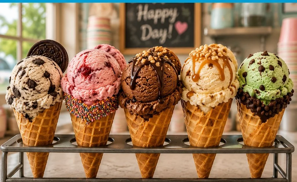 Delicious ice cream cones and sundaes at a charming ice cream shop